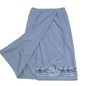 Vintage Chambray Wrap Skirt XL Blue Tropical Border Print 90s Coastal100% Cotton